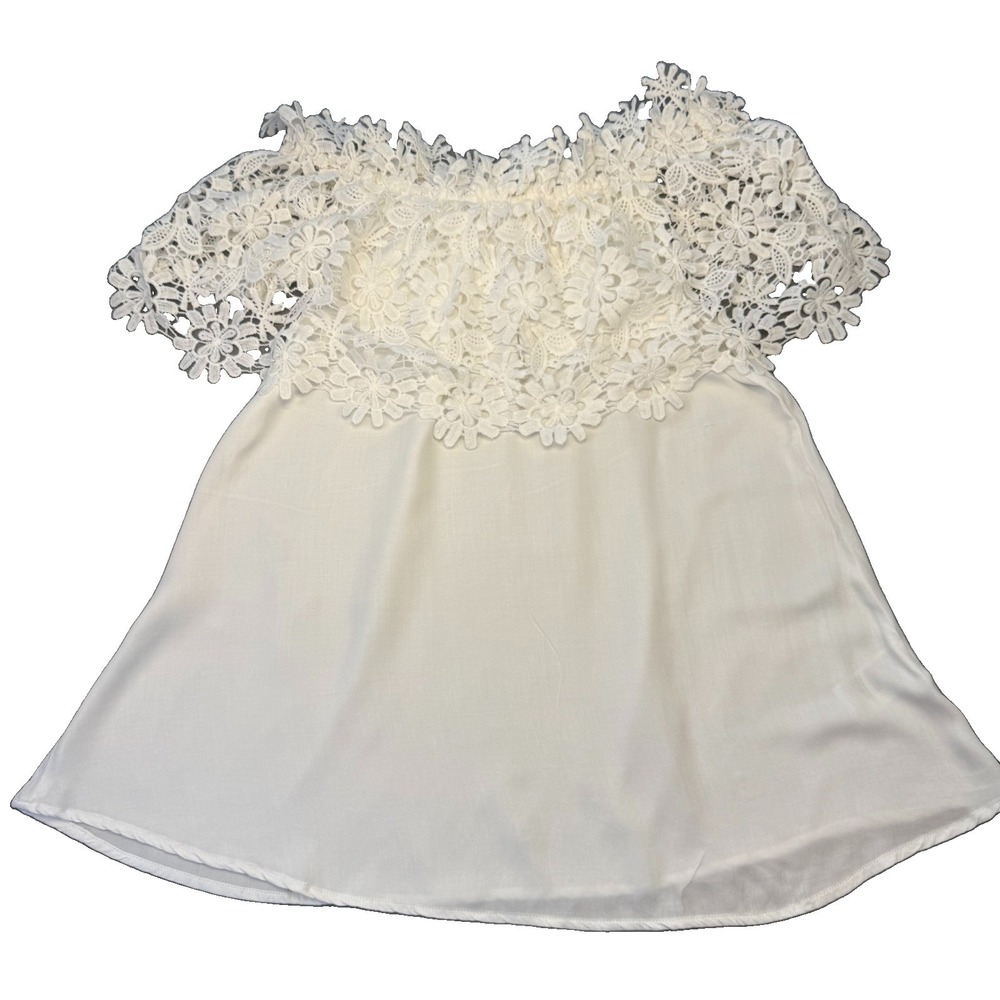 Pink USA White Floral Lace Off Shoulder Short Sleeve Pullover Blouse Top Small